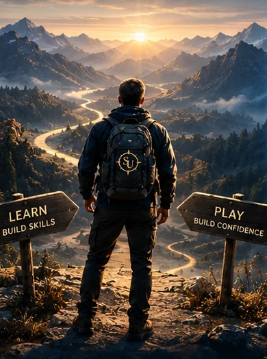 A Selling Understood traveller on a ridge above a valley at sunrise, between two wooden signposts — one pointing to Learn, one to Play.
