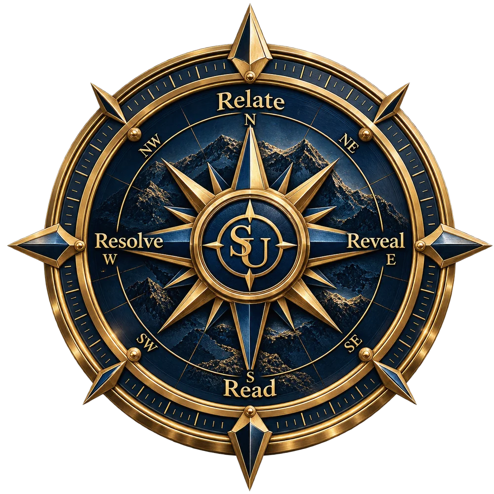 The Selling Understood compass: a gold and navy compass rose marked Relate at north, Reveal at east, Read at south and Resolve at west, around the SU monogram.