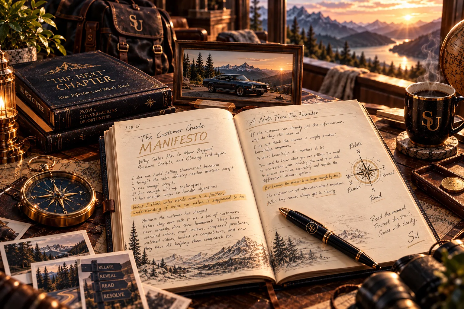 The Customer Guide Manifesto open on a wooden desk at sunset, a pen resting on the page “A Note From the Founder,” beside a brass compass, a lantern and a mug marked SU.