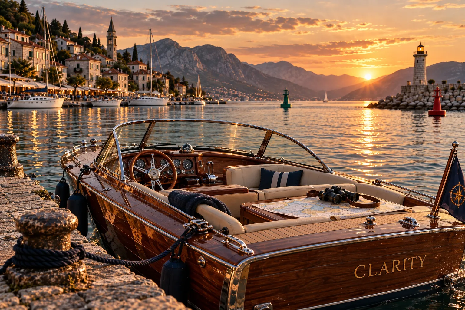 A varnished wooden motorboat named Clarity moored at a stone quay at sunset, a chart and binoculars on its deck, a lighthouse at the harbour mouth.