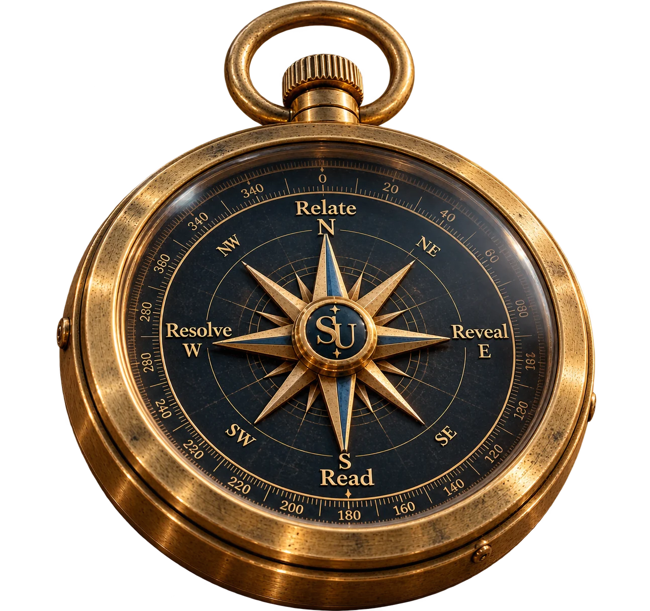 A brass pocket compass with the Selling Understood monogram at its centre. Its four points are marked Relate at north, Reveal at east, Read at south and Resolve at west.